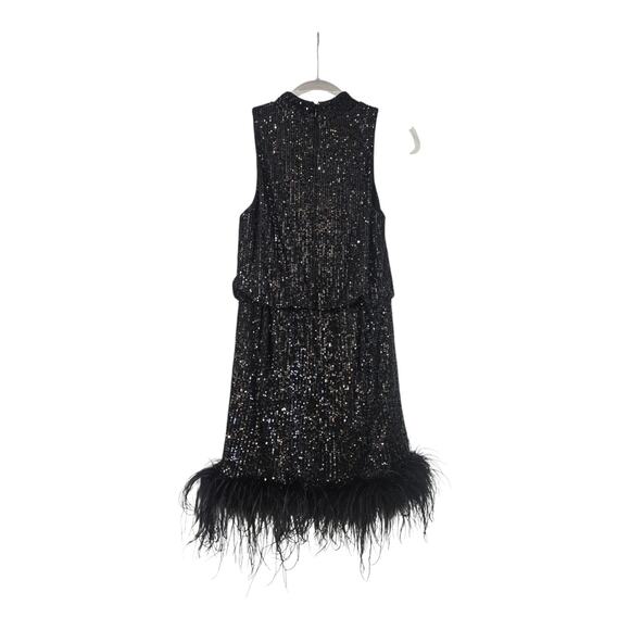 Eliza J Blouson Sequin Lined Feather Trimmed Hem Party Dress Back Zip Black SZ 8 - Picture 1 of 6